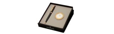 Set regalo penna a sfera Sheaffer 100 nero lucido tonalità oro + orologio da tavolo  